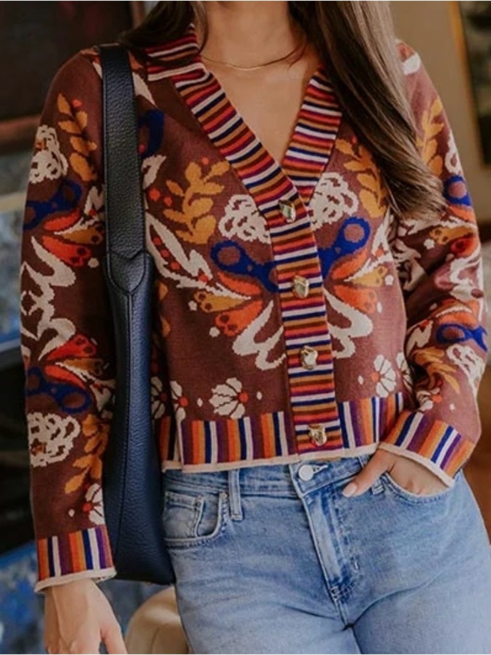 THML Floral Stripe-Trim Button Cardigan Sweater - Medium